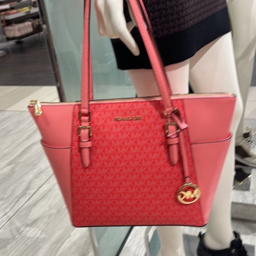 Michael Kors Charlotte Large Logo and Leather Top-Zip Tote Bag Coral Reef Multi - Picture 4 of 16